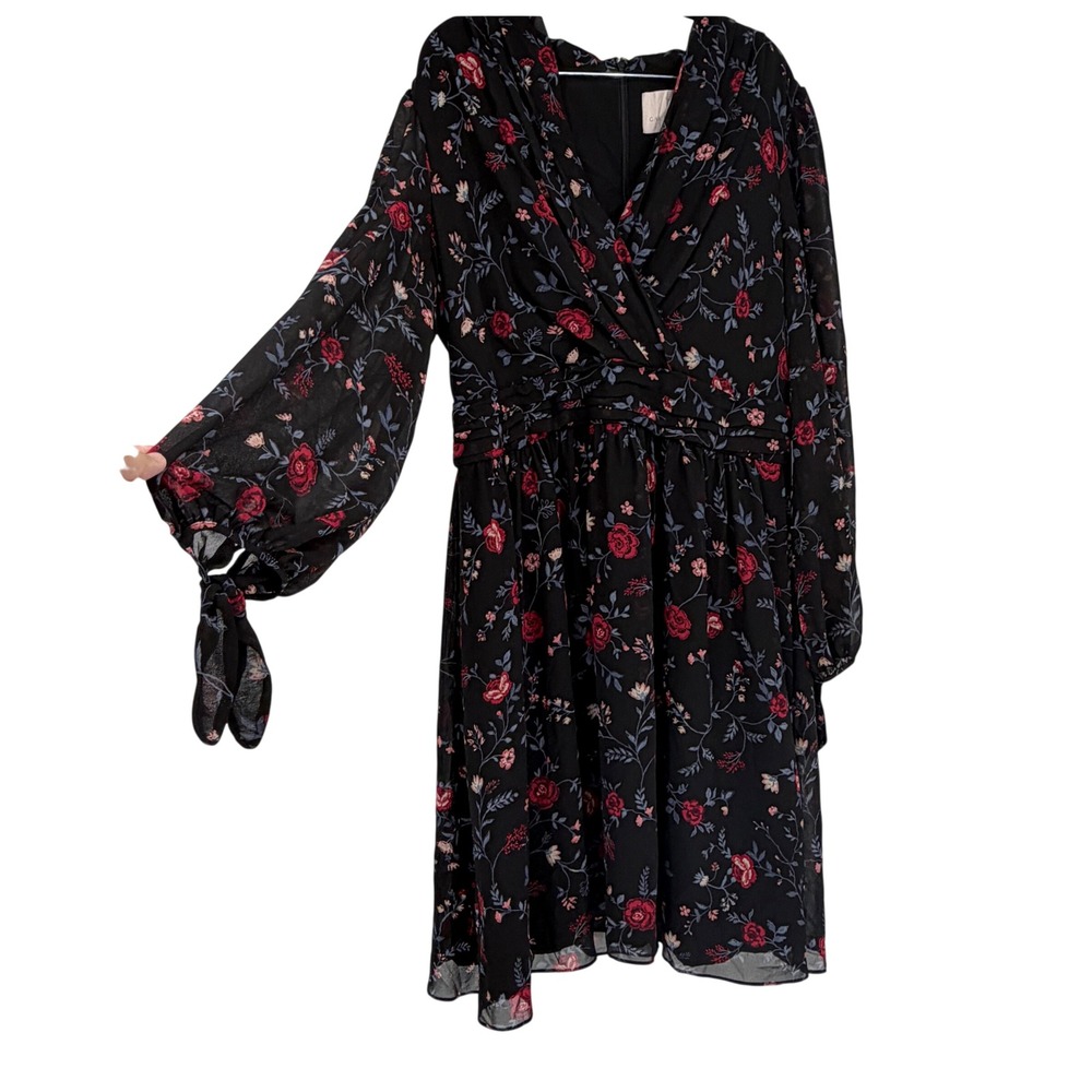 Gal Meets Glam Londyn Dress 16 Black Cherry Floral Chiffon Faux Wrap NWT